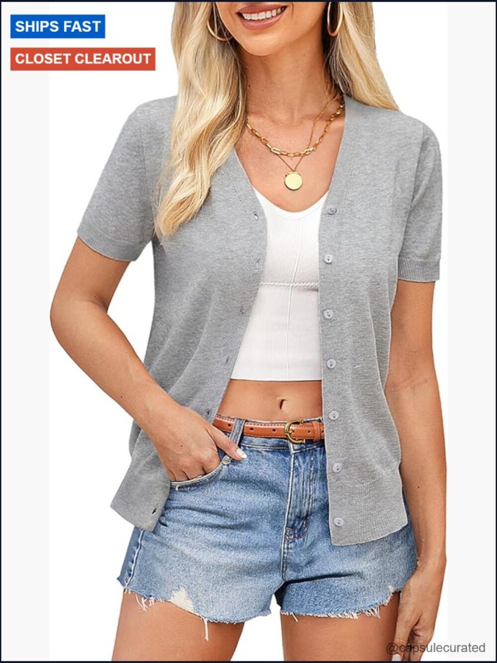 Short Sleeve V-Neck Cropped Cardigan Sweater Lightweight Knit Button Down Top